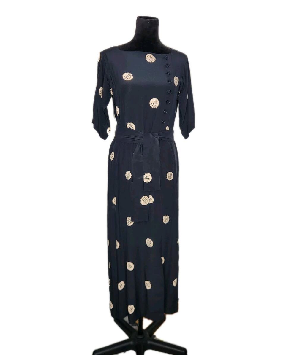 Lanvin Vintage 80s Black Silk Shift Belted Midi Dress Asian Inspired No Size Tag